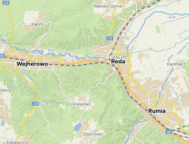 Mapa przedstawiająca miasto Reda, Rumia oraz Wejherowo
