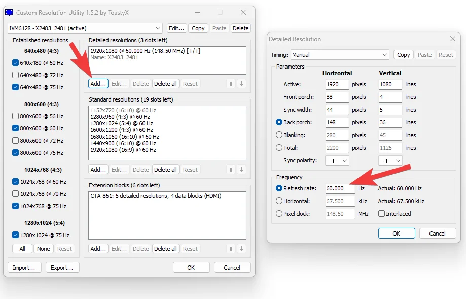 Interfejs programu Custom Resolution Utility
