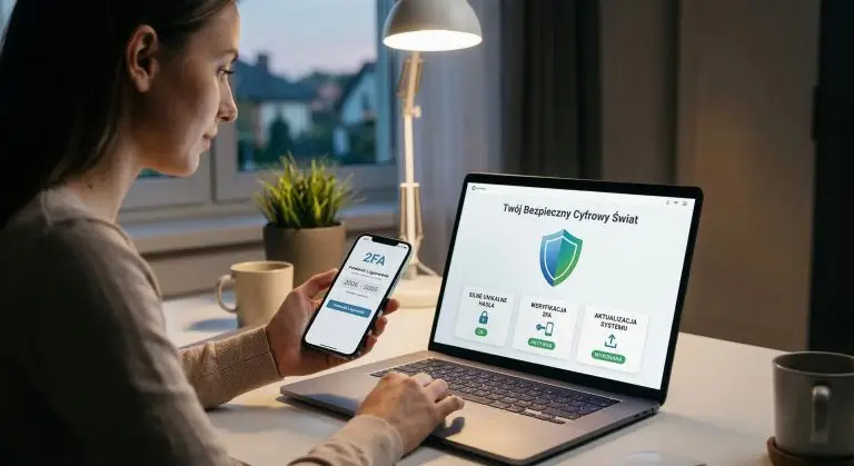 Kobieta korzystająca z weryfikacji dwuetapowej 2FA na smartfonie podczas pracy przy laptopie z otwartą stroną o bezpieczeństwie cyfrowym