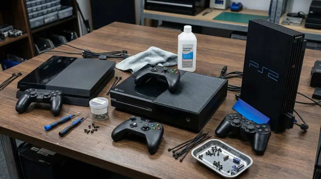 Konsola PS4, PS2 i Xbox One na stole w serwisie